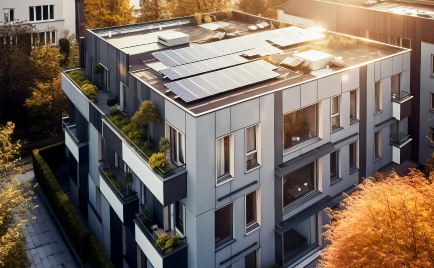 Glass and steel apartment rendering with solar panels