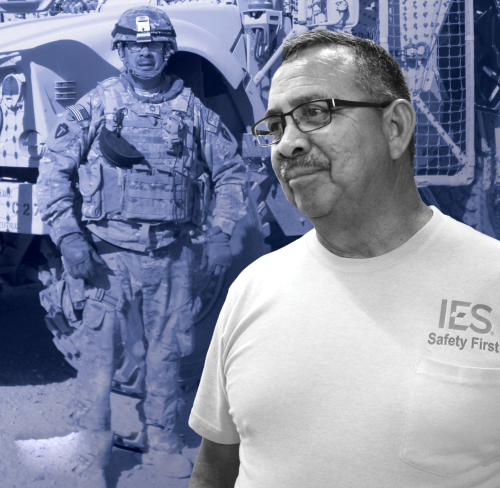 IES employee overlaid with image of same employee in army uniform and gear