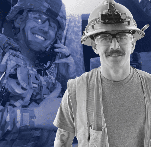 Black and white image of man in hardhat smiling into camera overlaid on image of same man in military uniform and helmet