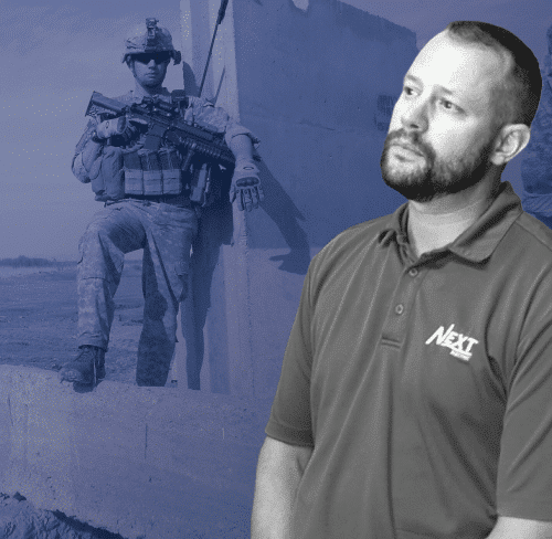 Black and white portrait of IES employee superimposed over blue overlay image of same employee in full military uniform with gear
