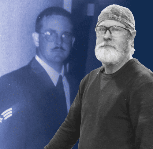 Black and white image of man in bandana looking into camera overlaid on image of same man in military blues