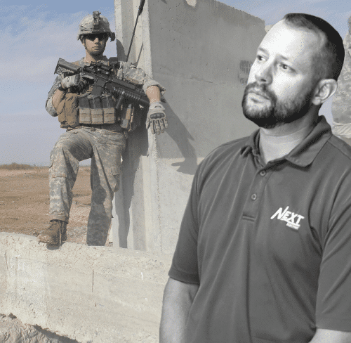 Black and white portrait of IES employee superimposed over full color image of same employee in full military uniform with gear
